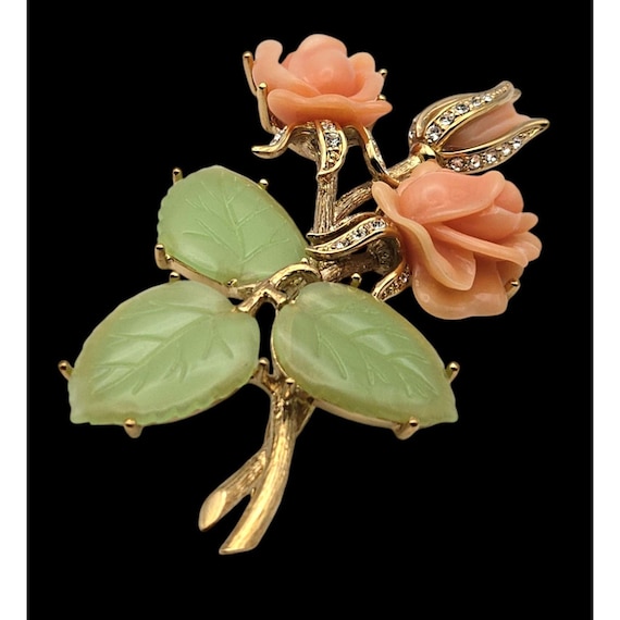 Nolan Miller Glamour Collection Gold-Tone  Ann Margret Rose Brooch With Pink & Green Glass Leaves