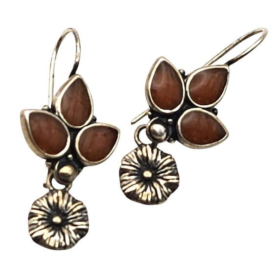 Vintage Sterling Silver Plumeria Flower Agate Floral Dangle Earrings Artist Signed Navajo