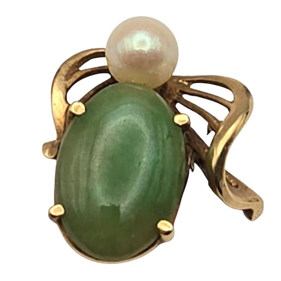Vintage 14k Gold Speckled Jade & Cultured Pearl Pendant 3/4" X 5/8" 2.73 Grams Elegant Jewelry Piece