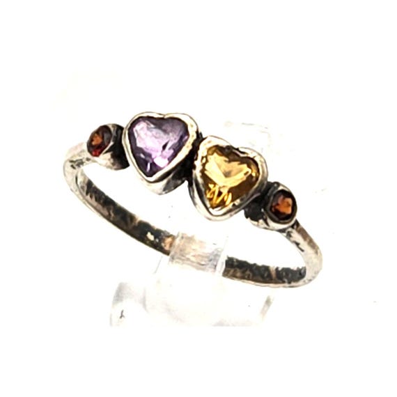 Sterling Silver Heart Gemstone Ring With Amethyst & Citrine Accents 3 3/4