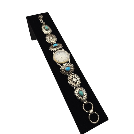 Carolyn Pollack Sterling Silver Turquoise Watch Southwest Traditions Adjustable Vintage Style Bracelet Stainless Steel Back 7 " x 7/8 "