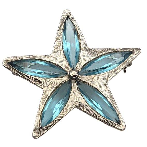 Vintage Stanley Home Products Silver-Tone Star Brooch With Blue Glass Accents 1 1/2 "
