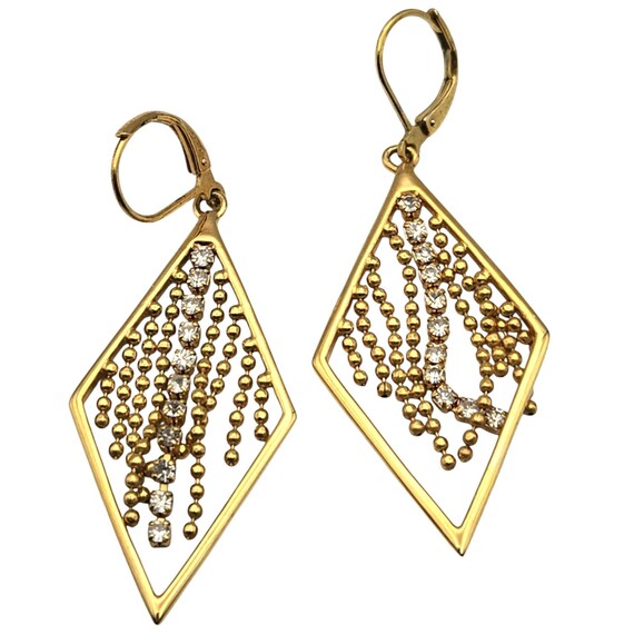 Vtg Joan Rivers Rhinestone Accented Dangle Earrings With Lever Back Closure Gold-Tone Jewelry 2 1/4 " x 7/8 "