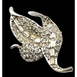 Vintage Rhinestone & Faux Pearl Leaf Brooch 2 1/4 &quot; x 1 1/8 &quot;