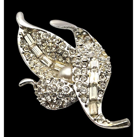Vintage Rhinestone & Faux Pearl Leaf Brooch 2 1/4 " x 1 1/8 "