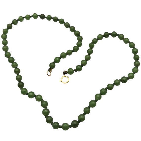 Vintage Jadeite Beaded Necklace With 14K Gold Clasp 5mm Beads Hand Knotted 13.44g Green Gemstone Elegant Jewelry