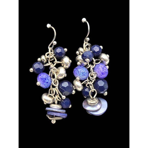 Beaded Dangle Earrings With Blue & Silver Tones For Women