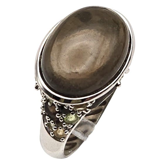 Vtg Silver Statement Ring W/ Smoky Quartz Cabochon & Mixed Gemstones Size 10 Sterling 925 Thailand-Made