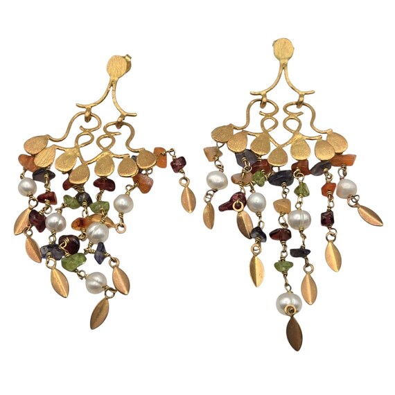 Vtg Gold Plate Tibetan/India Style Dangle Earrings W/Natural Gemstones & Faux Pearls 3 1/4 " x 1 1/4 "