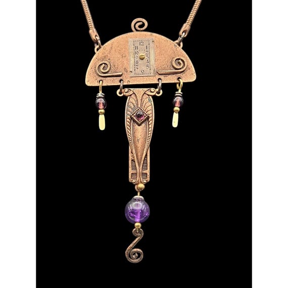 Vintage Clock Motif Tribal Pendant Necklace With Purple & Gold Accents