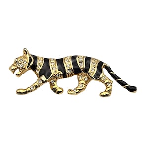 Gold & Black Enamel Tiger Brooch With Rhinestone Accents Vintage-Inspired Animal Jewelry Elegant Pin For Collectors /Accessorizing