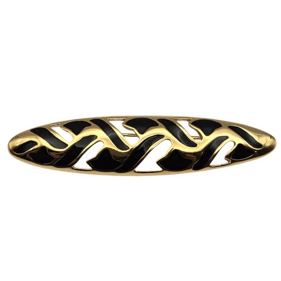 Vtg Trifari Gold Tone Black Enamel Oval Brooch MCM Design Jewelry Accessory 2 3/4 " x 5/8 "