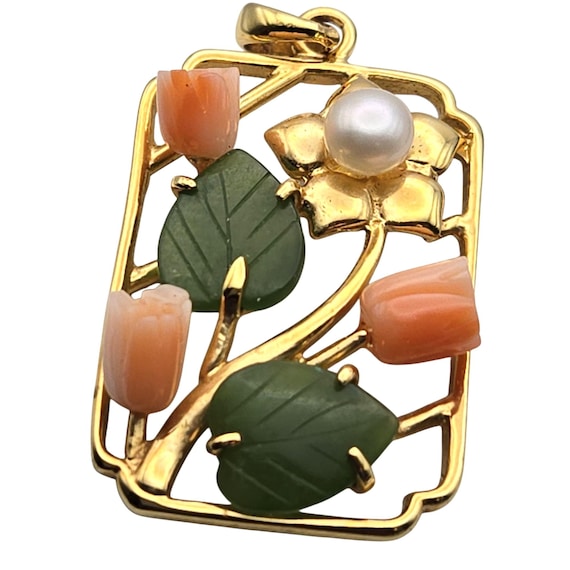 Gold-Plated Floral Pendant With Green Leaf & Coral Accents