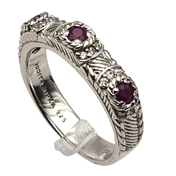 Vtg Judith Ripka Sterling Silver Band Ring With Ruby & Diamond-Like Detailing