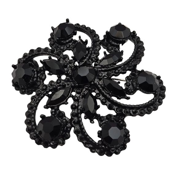Vintage Black Czech Glass Brooch Pin With Intricate Floral Design & Secure Clasp 2 1/8 " X 2 1/8 "
