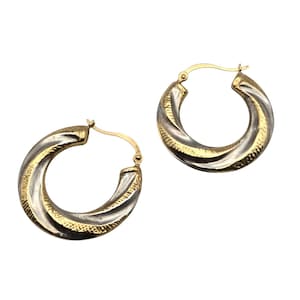 Vtg 14K Two Tone Gold Hoop Earrings Tubular Design 1&quot; Diameter