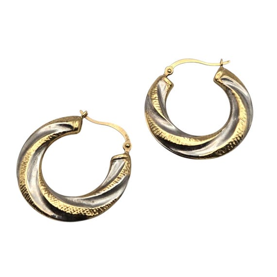 Vtg 14K Two Tone Gold Hoop Earrings Tubular Design 1" Diameter