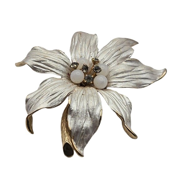 Vintage Silver & Gold-Tone Poinsettia Brooch With Faux Pearl / Rhinestone Accents