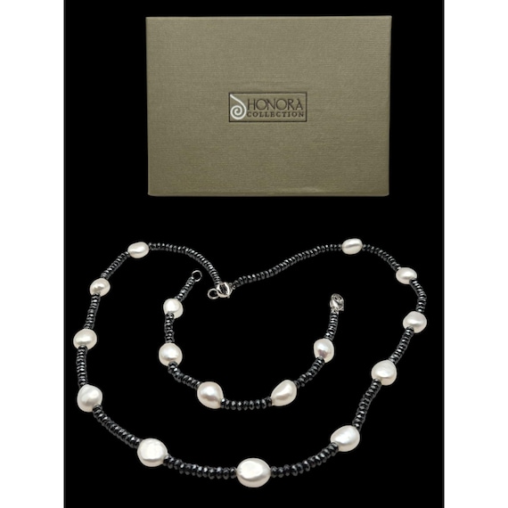 Vintage Honora Pearl Black Spinel Bead Necklace & Bracelet Set Great Gift w Box