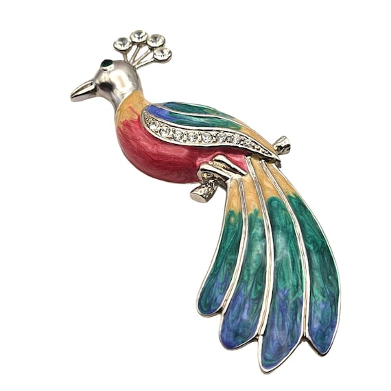 Vintage Rhinestone & Enamel Peacock Brooch 5 Inch