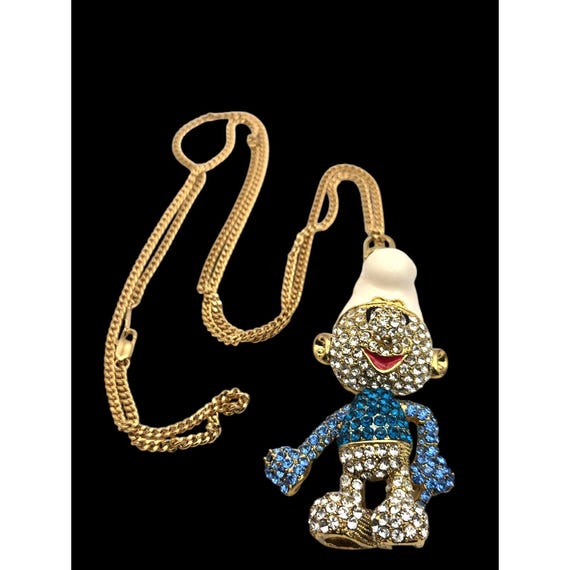 Vintage Rhinestone Crystal Smurf Pendant Necklace Signed YM GIFT !