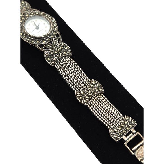 Vtg Diamond Marcasite Ladies Silver Wristwatch Quartz Movt Stainless Steel Back 6 3/4" Bracelet 7/8"x1 1/4" Face