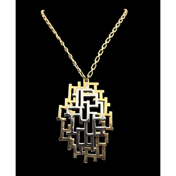 Vtg Napier Geometric Pendant Necklace Gold & Silver Tone Chain Statement Jewelry 12 "