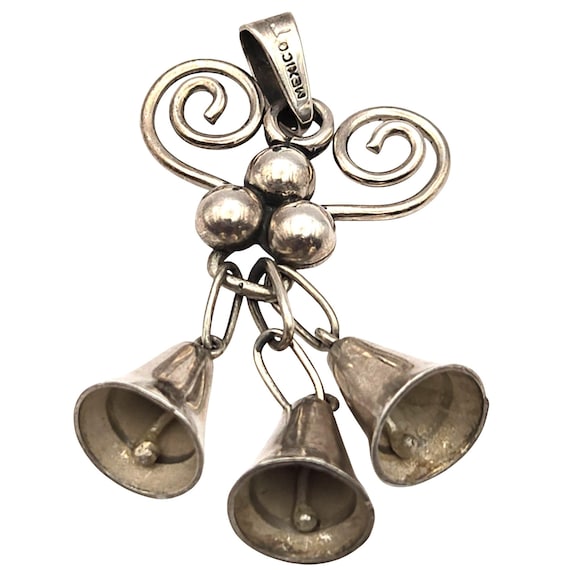 Vtg Mexican Sterling Silver Wedding Bells Pendant Handcrafted Artist Signed Elegant Jewelry Piece