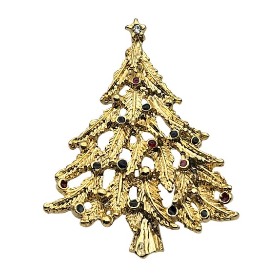 Vintage Gold Tone Christmas Tree Brooch With Colorful Rhinestone Ornaments
