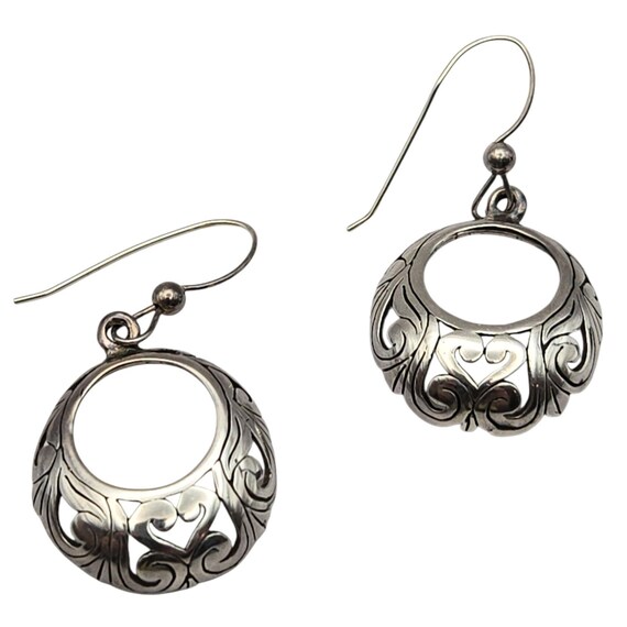 Vtg Sterling Silver Engraved Hoop Earrings With Elegant Swirl & Heart Design For Pierced Ears 1 " x 3/4 " x 1/4 "