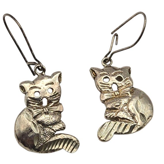 Vtg Sterling Silver Cat Dangle Earrings 1 1/4" Drop 3/8" X 3/4" Kitty Charm Statement Jewelry