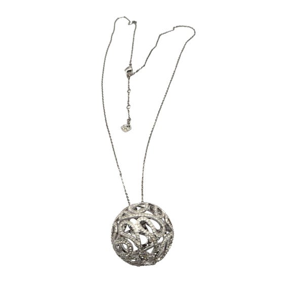 Vtg Swarovski Silver-Tone Crystal Globe Sphere Pendant Necklace W/ Swan Charm & Adjustable Chain