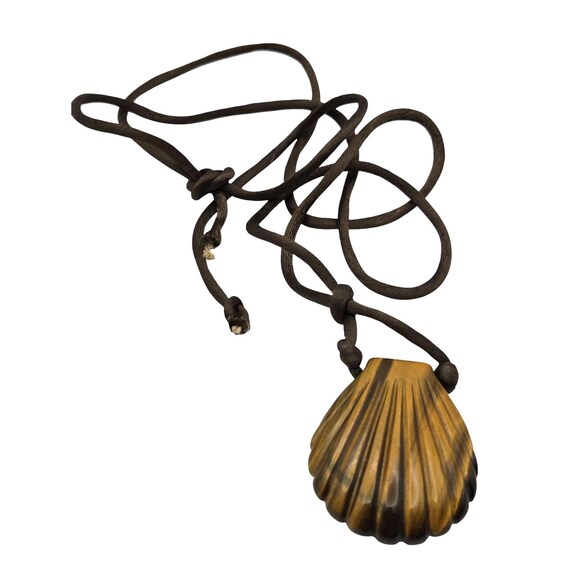 Genuine Tiger Eye Carved Shell Pendant On Adjustable Silk Cord Necklace 16 "
