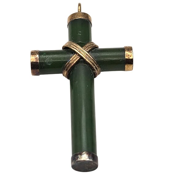 Vintage Jade Tone Cross Pendant With Gold Plated Accents & Loop For Chain Attachment