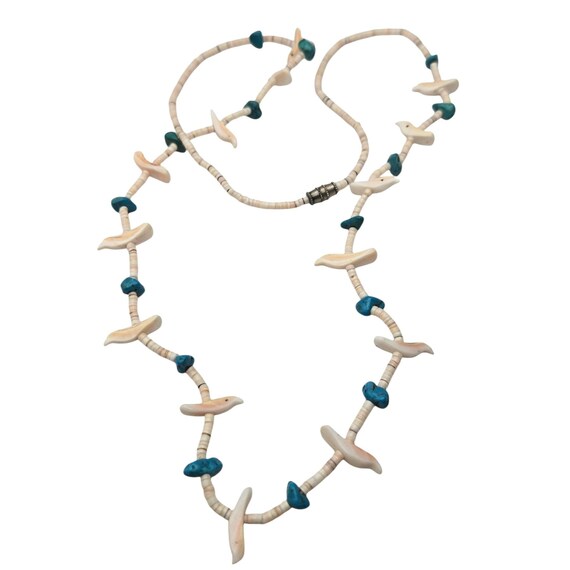 Vintage Native American Carved Bird Necklace W/ Turquoise & MOP Beads Barrel Clasp 26" Long