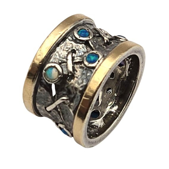 Vtg Sterling Silver & 14K Gold Band Ring W/ Fire Opal Accents Signed Handmade Size 8.5