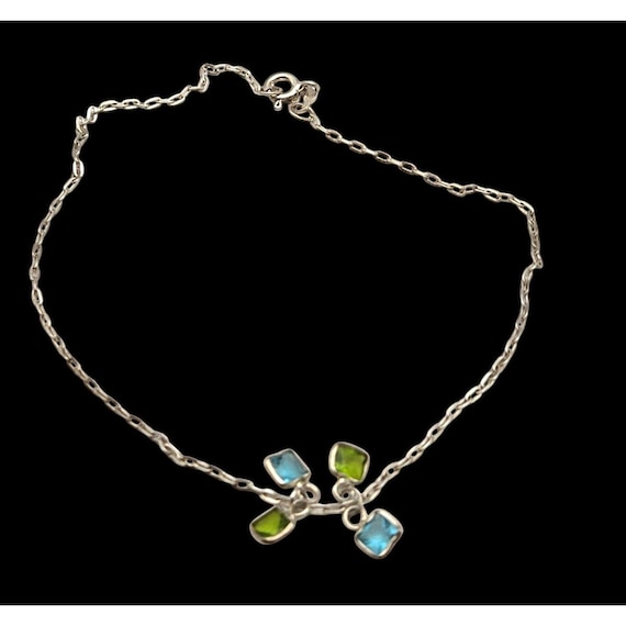 Vintage Petite Sterling Silver Bracelet With Blue & Green Gemstone Charms
