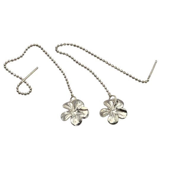 Vintage Sterling Silver Floral Dangle Earrings Long Drop Chain Design 3 1/4 " x 3/8 "