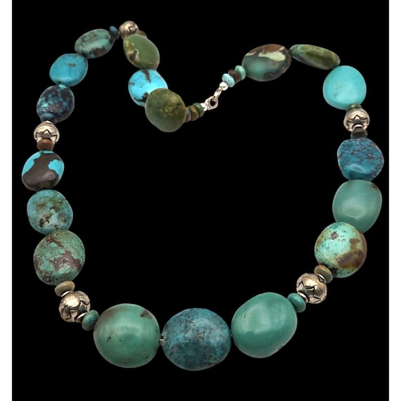 Vintage Turquoise & Silver Nugget Bead Necklace 20" Statement Jewelry