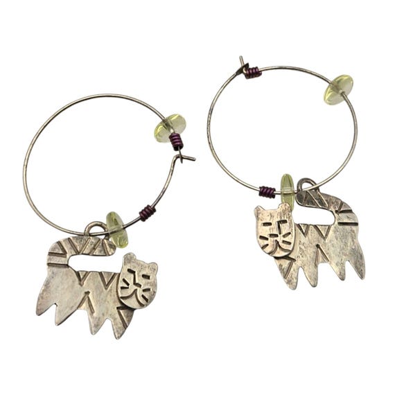 Vtg Taxco Mexico Sterling Silver Cat Hoop Earrings W/ 925 Mark & Beaded Accents 1 " Hoops
