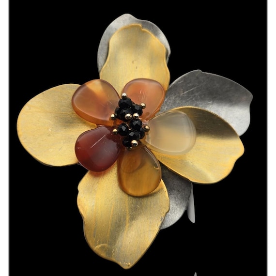 Vintage Mixed Metal Lucite Orchid Flower Brooch Unique 3 1/4 " x 3 1/4 "
