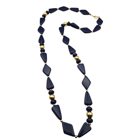 Vtg Trifari Blue Lucite Beaded Necklace With Gold-Tone Accents 24" Length Retro Statement Jewelry