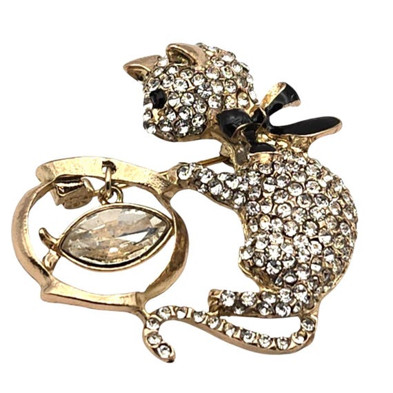Gold-Tone Rhinestone Cat Brooch With Black Bow & Fish Accent Vintage Jewelry Pin 1 1/2 " X 1 1/2 "