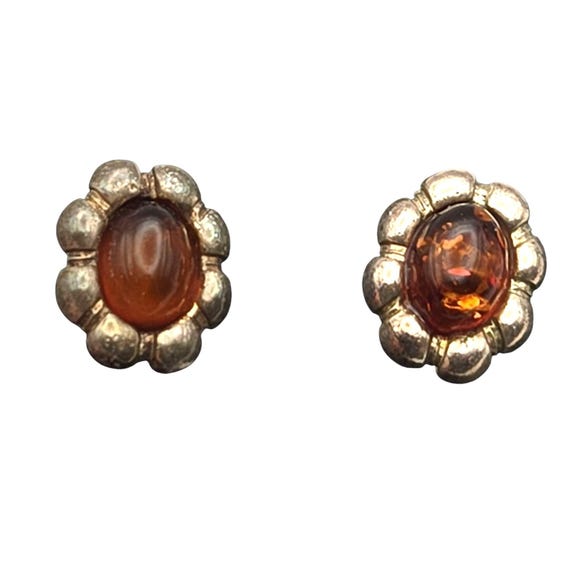 Vtg Sterling Silver Amber Floral Oval Stud Earrings 3/8"x1/2" Elegant Boho Jewelry Piece Timeless & Unique Design