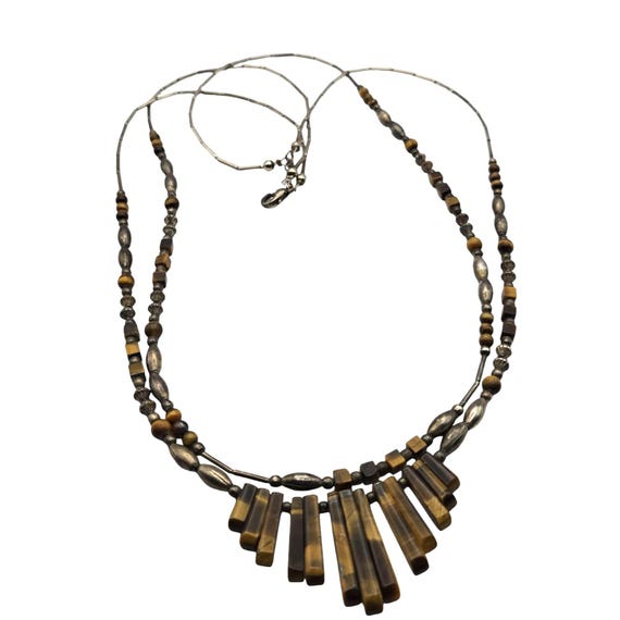 Vintage Tiger Eye & Silver Double Strand Necklace 13 Inch