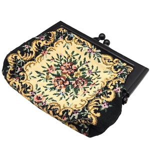 Vintage Floral Needle point Tapestry Coin Purse With Kiss Lock Closure