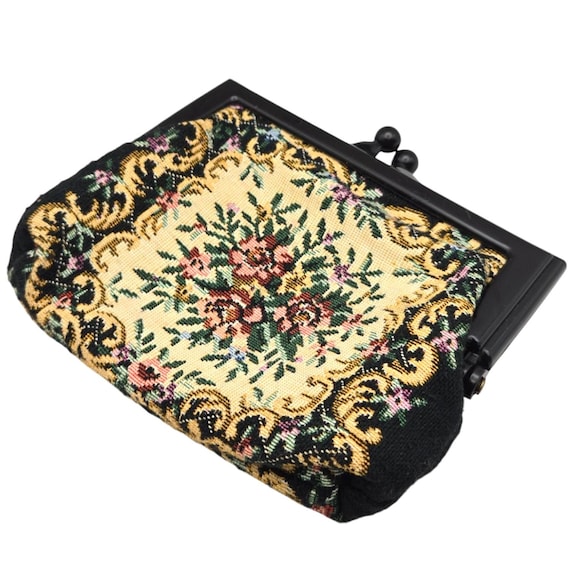 Vintage Floral Needle point Tapestry Coin Purse With Kiss Lock Closure