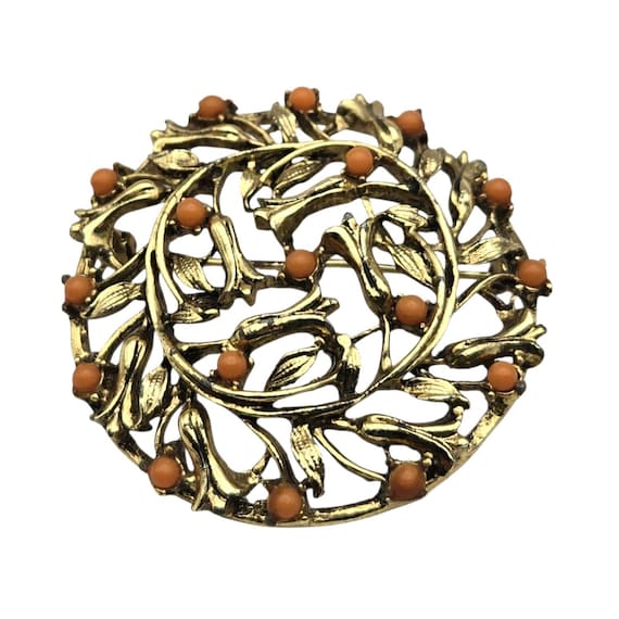 Vintage Gold-Tone Brooch With Leaf & Berry Design 2" Round Fall Tones Elegant Pin For Accessories Or Gift