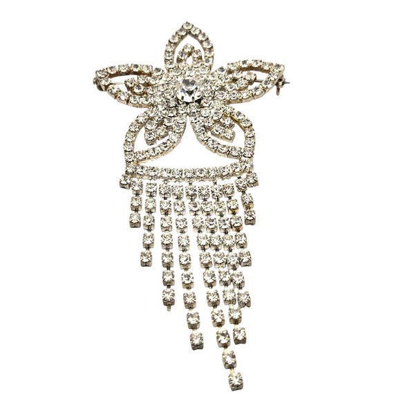 Rhinestone Flower Dangle Brooch Pin Crystal Tassel Design Vintage Style Jewelry Accessory Elegant Sparkling Gift For Women 2 " X 4 1/2 "