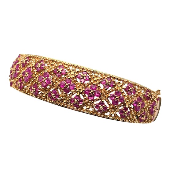 Vtg Gold Vermeil On Sterling Silver Bangle Bracelet With Ruby Prong Set Stones Latch Closure Marked 925 China
